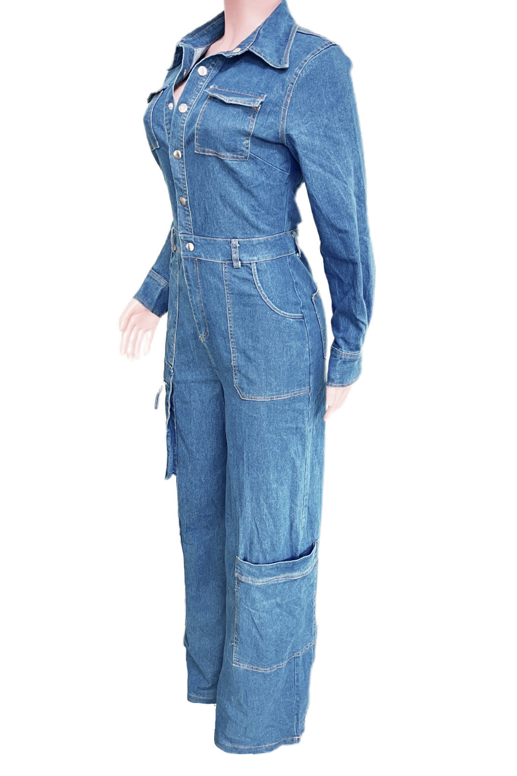 Washed Stretch Denim Utility Jumpsuit