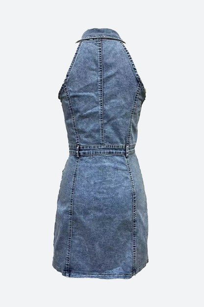 Flap Pocket Button Front Sleeveless Denim Dress