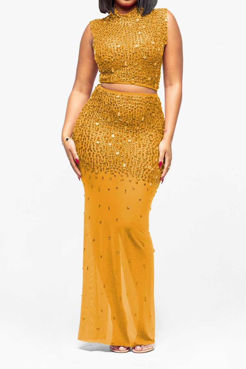 Sheer Rhinestone Mesh Maxi Skirt Set