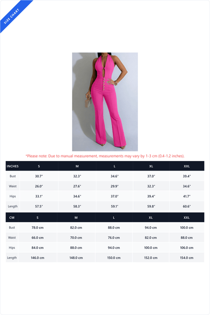 Halter Keyhole Button-Front Flared Jumpsuit