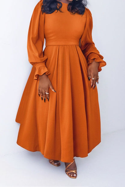 Plus Size Ruffle Cuff Pleated A-Line Midi Dress