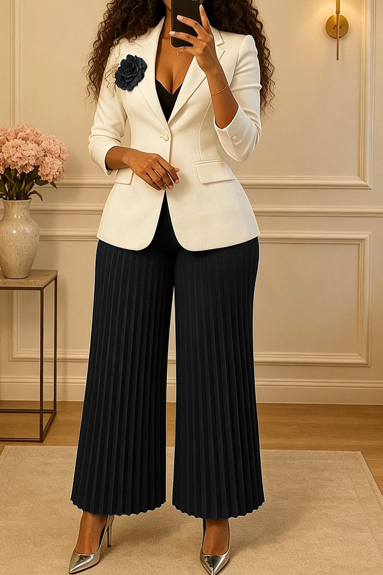 Floral Brooch Blazer Pleated Pants Set