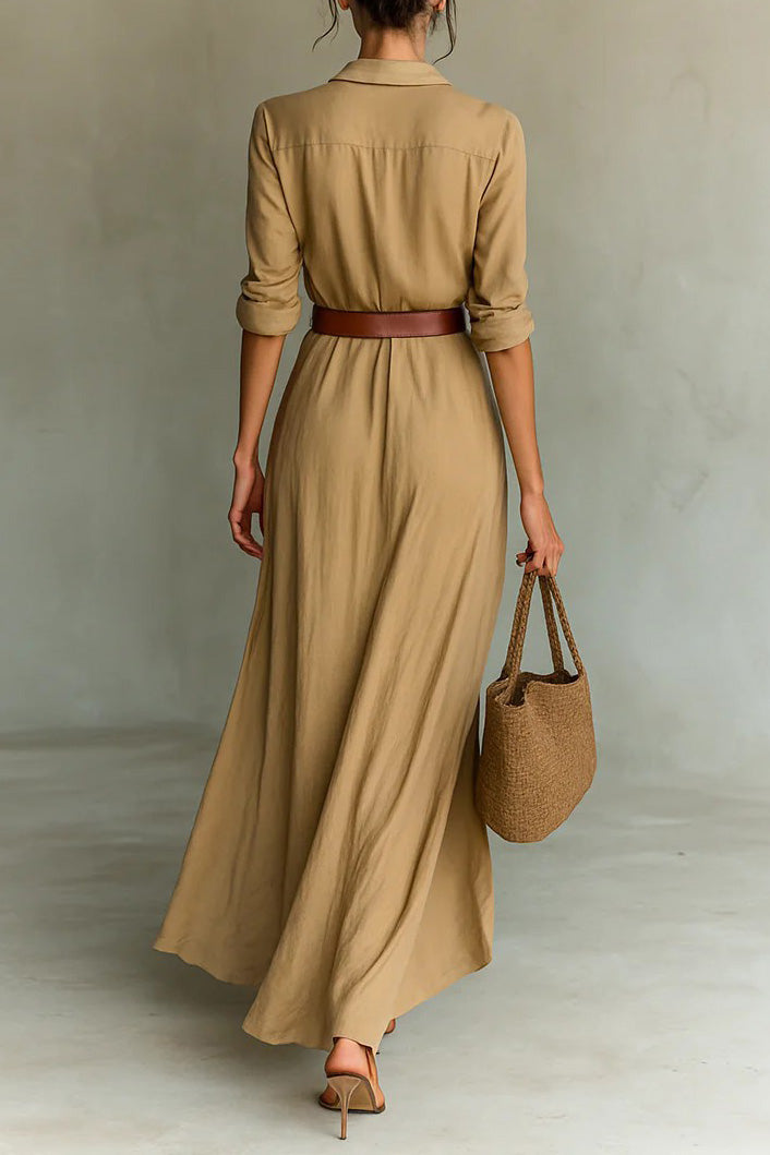 Lapel Buttoned Waist Maxi Dress