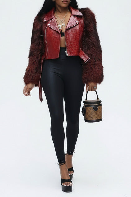 Faux Fur Trim Faux Leather Jacket