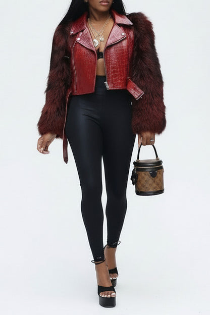 Faux Fur Trim Faux Leather Jacket