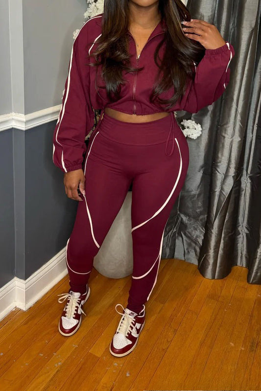 Contrast Piping Zip-Up Track Jacket & Legging Set
