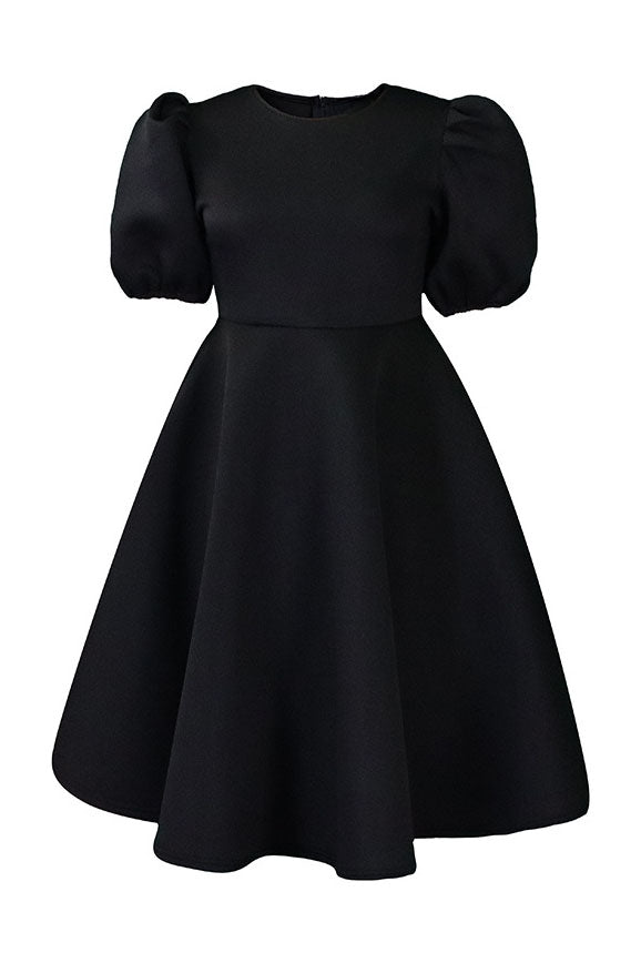 Round Neck Sleeve Slim Waist Swing A-Line Dress
