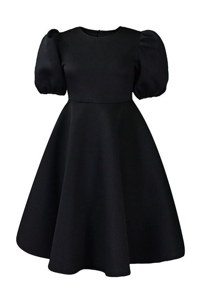 Round Neck Sleeve Slim Waist Swing A-Line Dress