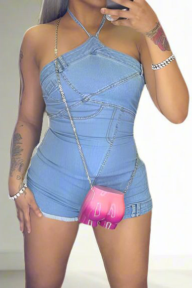 Hanging Neck and Backless Elastic Romper