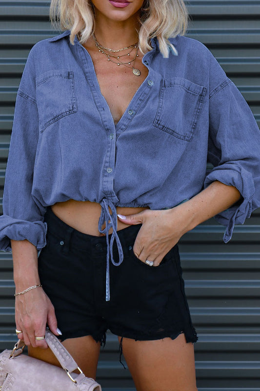 Long Sleeve Button Down Blouses Denim Shirt