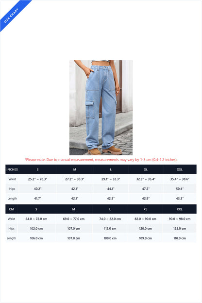 High Waist Elastic Baggy Cargo Jeans