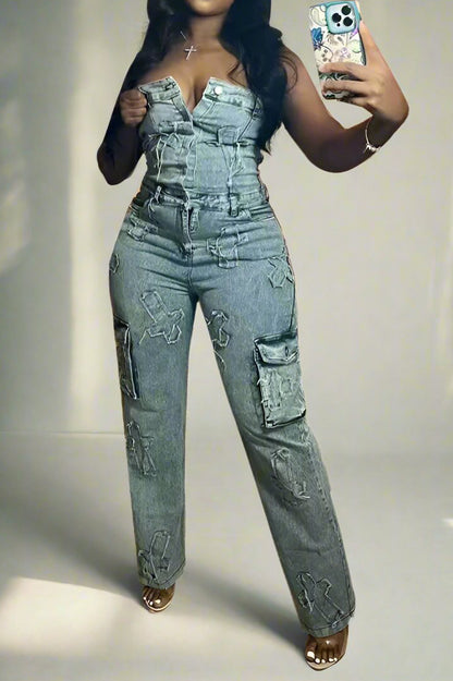 One Piece Denim Cargo Jumpsuit