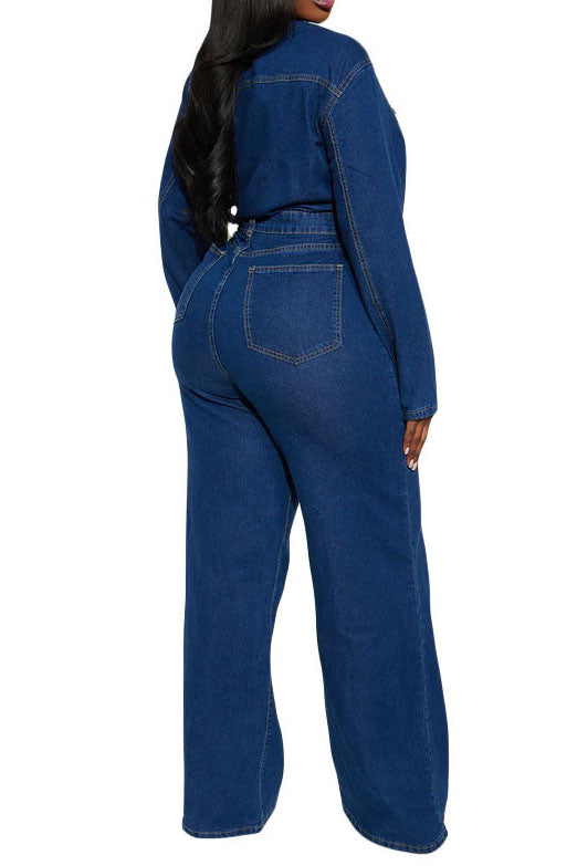 Stretch Flare Leg Long Sleeve Denim Jumpsuit