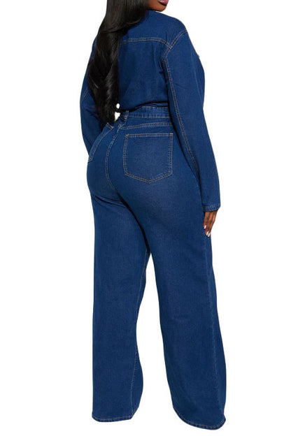 Stretch Flare Leg Long Sleeve Denim Jumpsuit