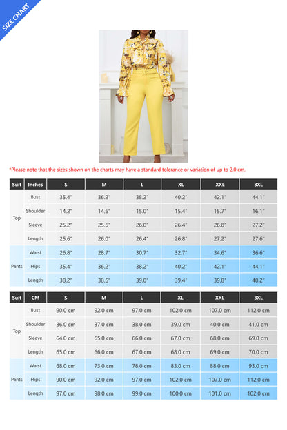 Floral Printing Blouse Solid Color Pants Set