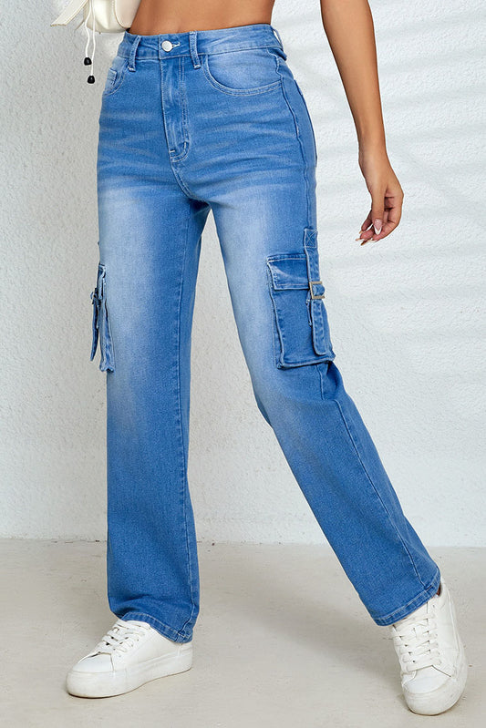 Multi-Pocket Stretch Straight Cargo Denim Pants
