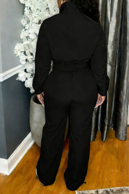Zip-Front Piped Top & Wide-Leg Pants Set