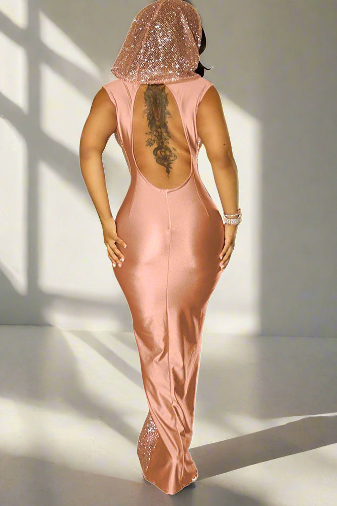 Hooded Sleeveless Sequins Mesh Maxi Dress