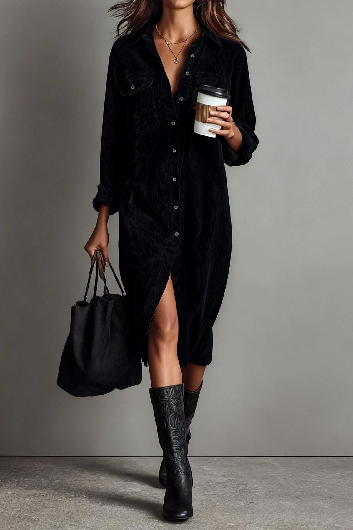 Single Breasted Pocket Shirt Style Midi Dress