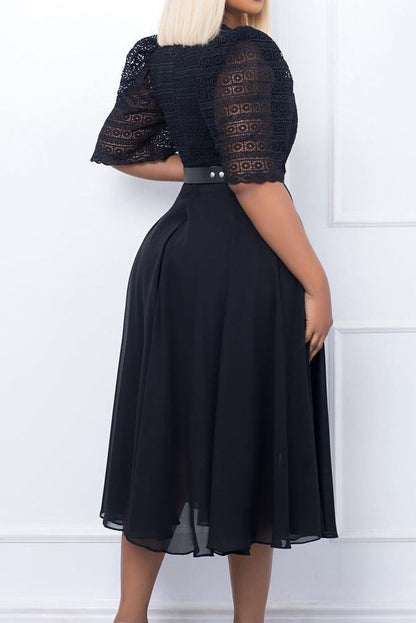 Square Neckline Lace Sleeve Midi Party Dress