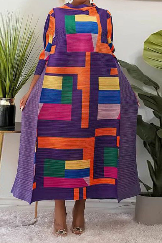 Abstract Print Pleated A Line Midi Dress