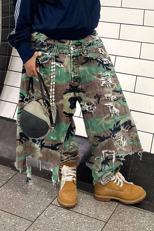 Camo Double Waist Ripped Jeans