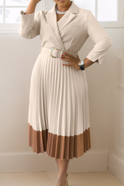 Two-Tone Belted Pleated Dress