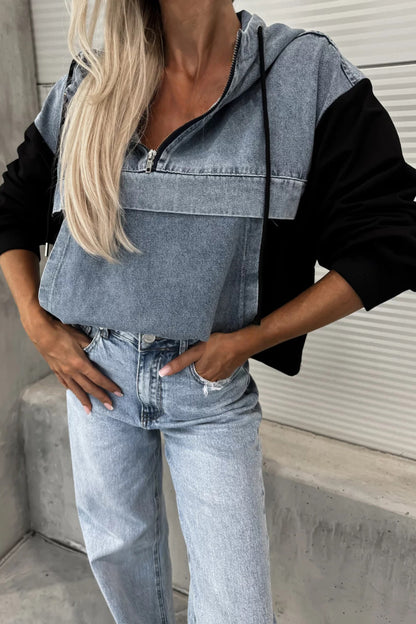 Loose Wash Denim Patchwork Hoodie