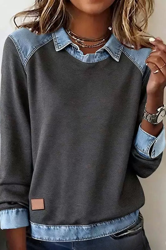 Denim Collar Long Sleeve Knit Pullover Top