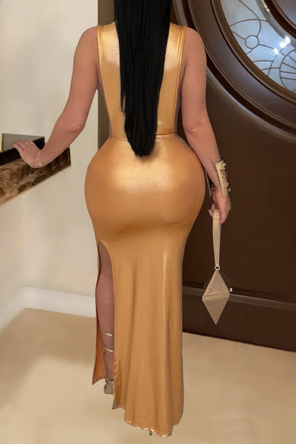Glossy Side-Slit Mock Neck Maxi Dress
