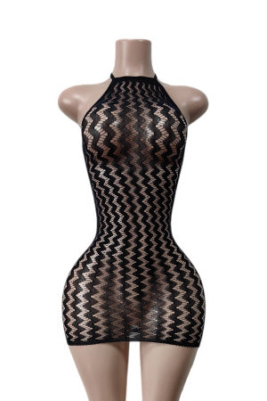 Sheer Zig-Zag Halter Bodycon Mini Dress