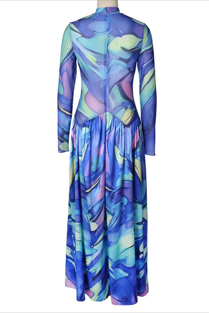 Mock Neck Mesh Floral Maxi Dress