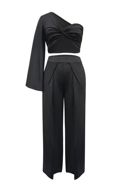 Asymmetrical Twist Crop Top & Draped Wide Leg Pant Set