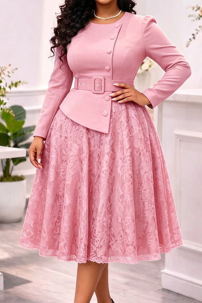 Belted Jacket Lace A Line Midi Dress