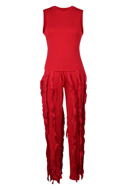 Fringe Pants Sleeveless Casual Two Piece Set