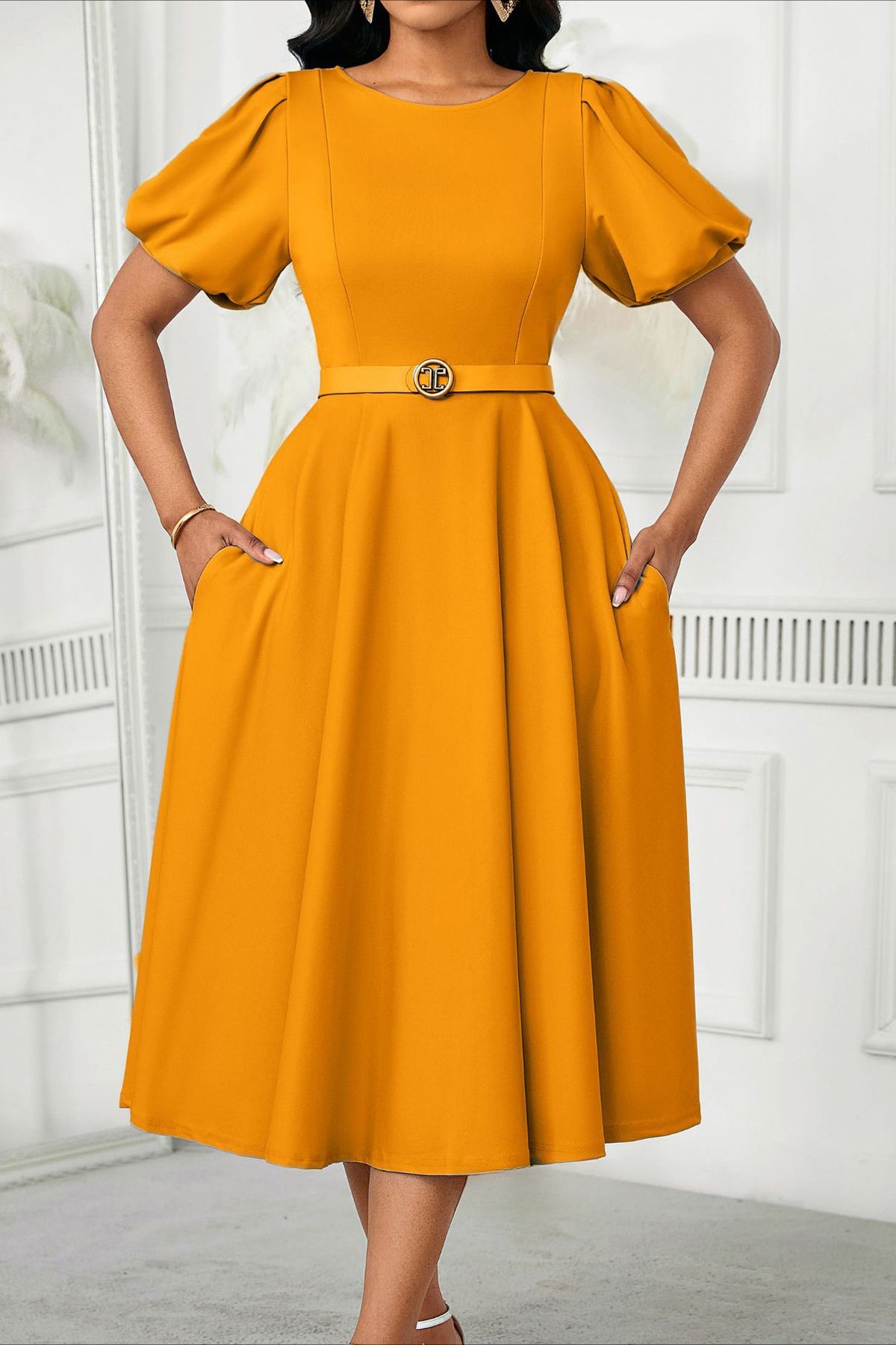 Puff Sleeve High Waist Solid Round Neck Dress