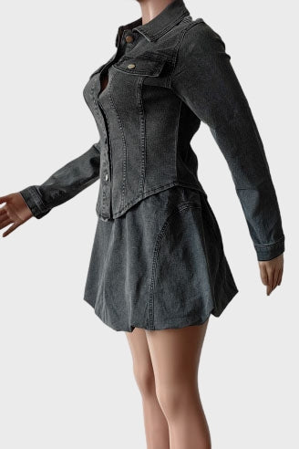 Denim Pleated Mini Skirt Sets