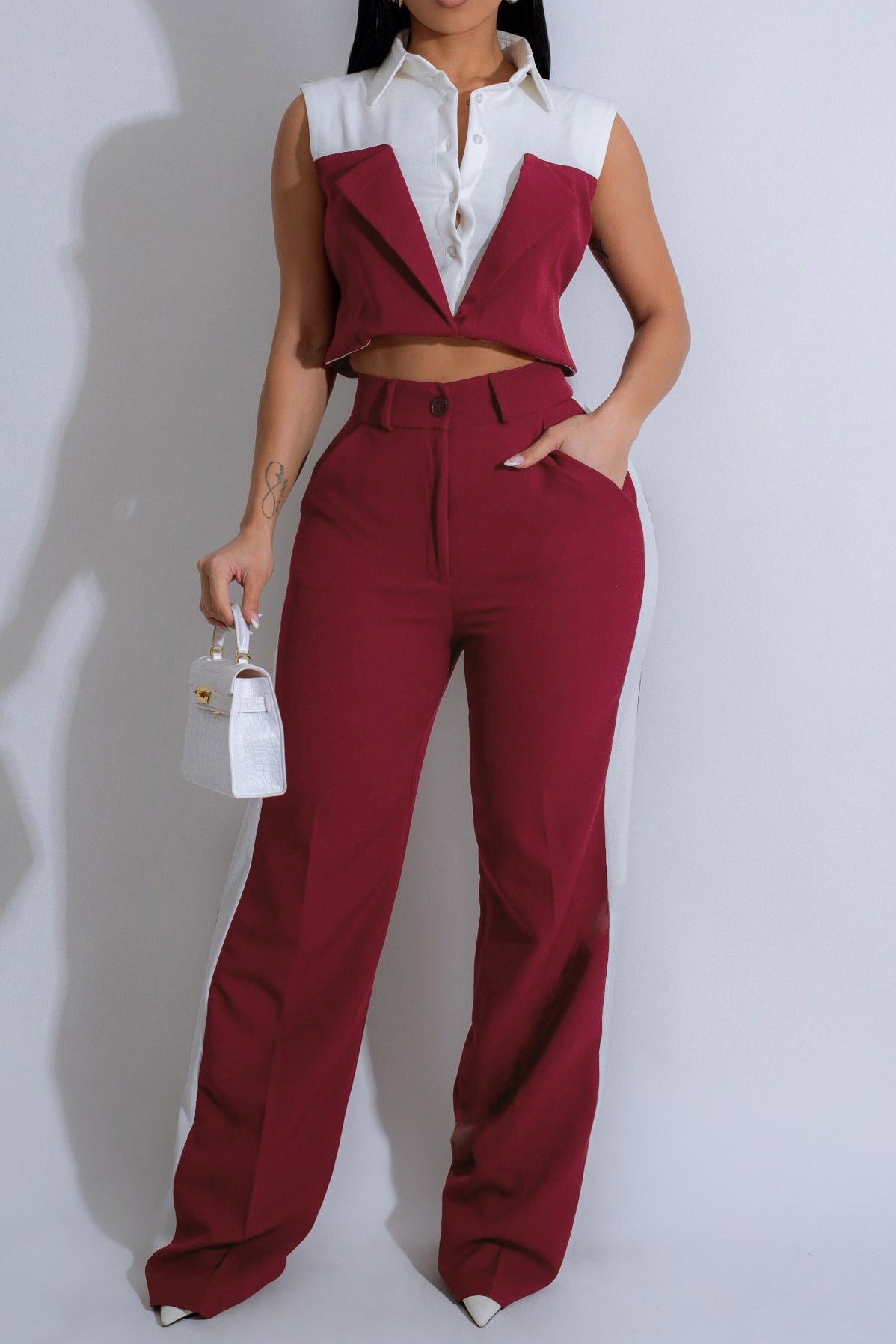 Patchwork Button Tie Back Top And Trousers Set