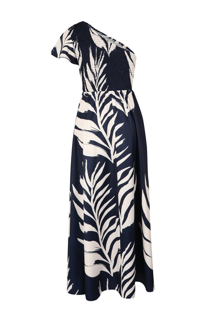 Tropical Palm Print One-Shoulder Maxi Dress