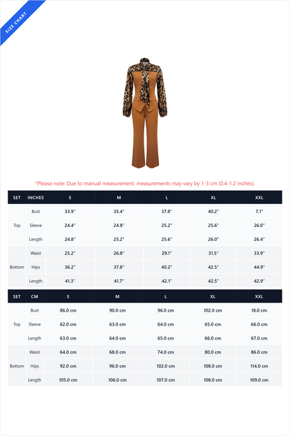 Leopard Print Tie-Neck Tailored Top & Wide Leg Pant Set