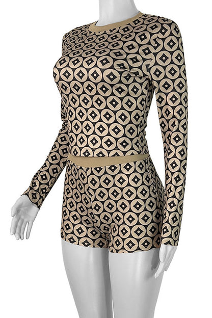 Slim Fit Coin Print Long Sleeve Top & Shorts Set