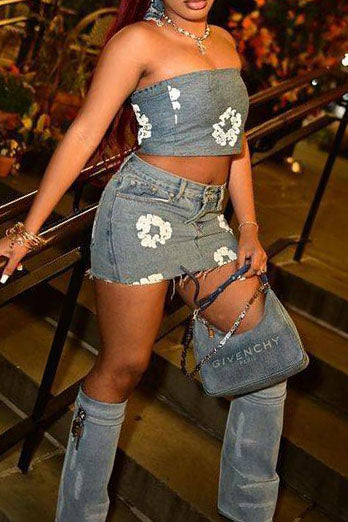 Printed Strapless Elastic Denim Skirt Set