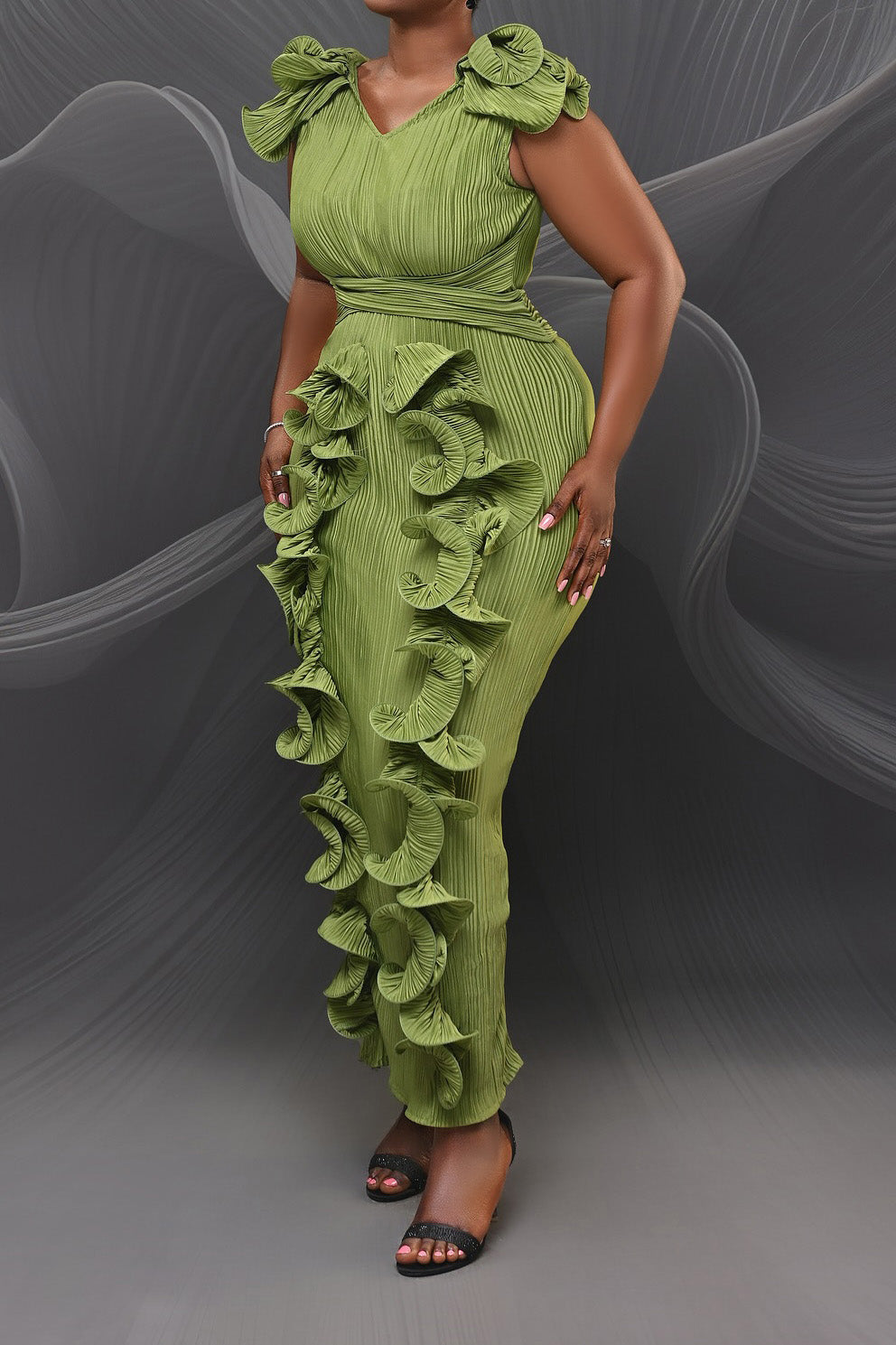Ruffle 3D Floral V Neck Midi Dress