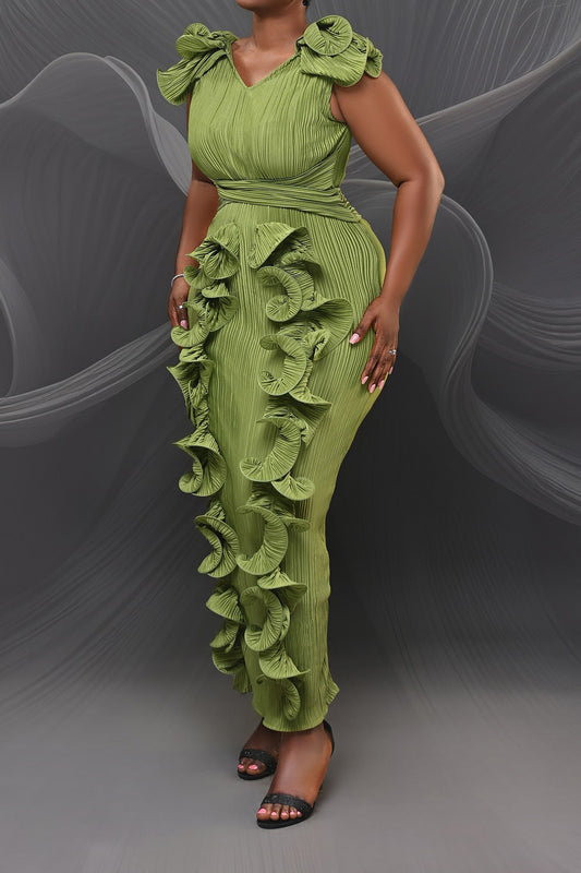 Ruffle 3D Floral V Neck Midi Dress
