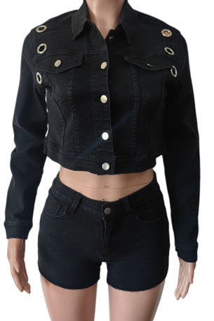 Eyelet Cropped Denim Jacket & Shorts Set
