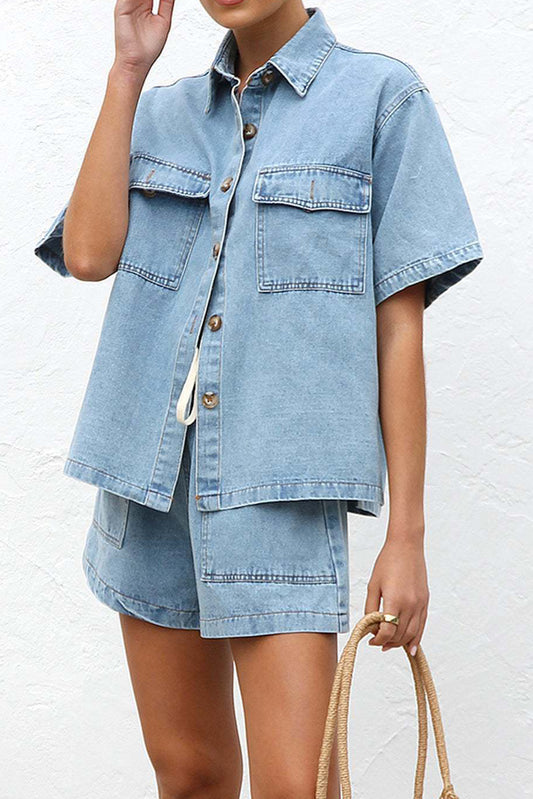 Loose Pocket Denim Shirt & Shorts Set