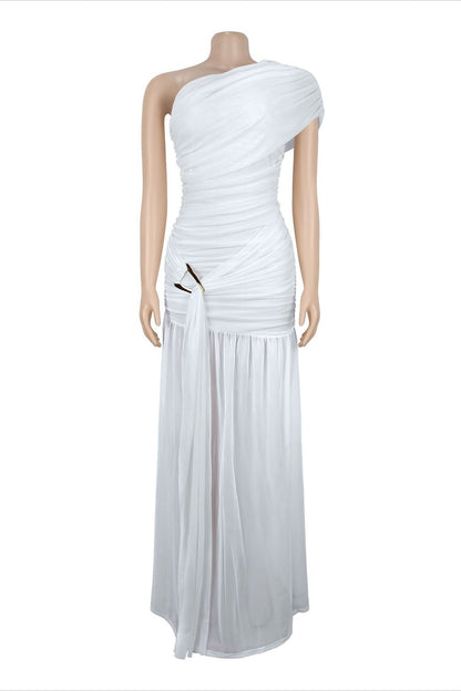 One Shoulder Ruched High Slit Maxi Dress