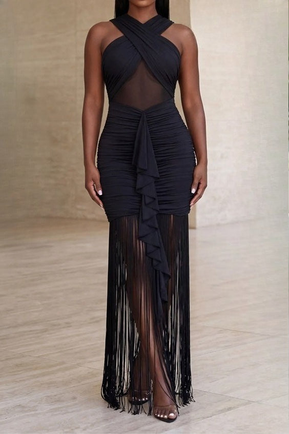 Cross-Front Mesh Illusion Ruched Fringe Maxi Dress