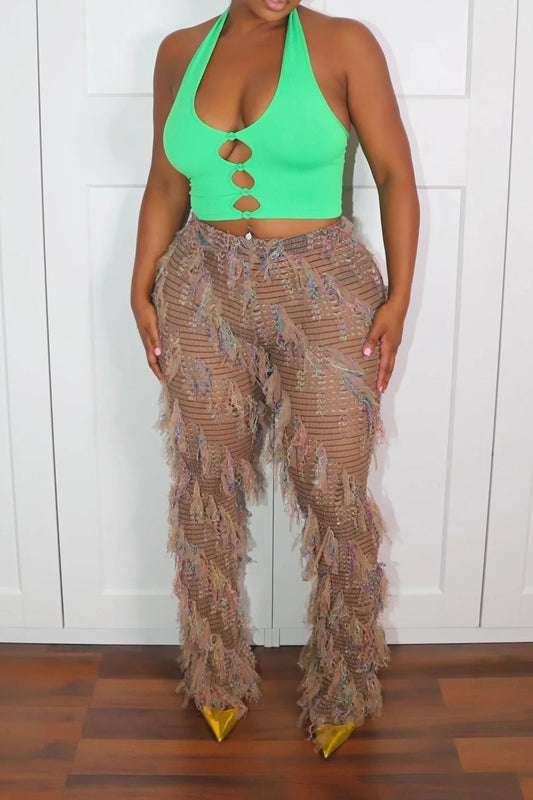 Fringe Sheer Mesh Straight Leg Pants