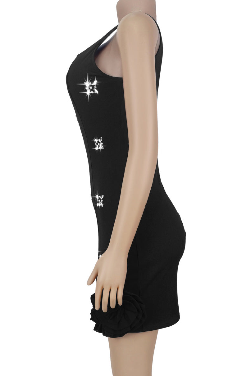 Rhinestone 3D Rosette Hem Mini Dress